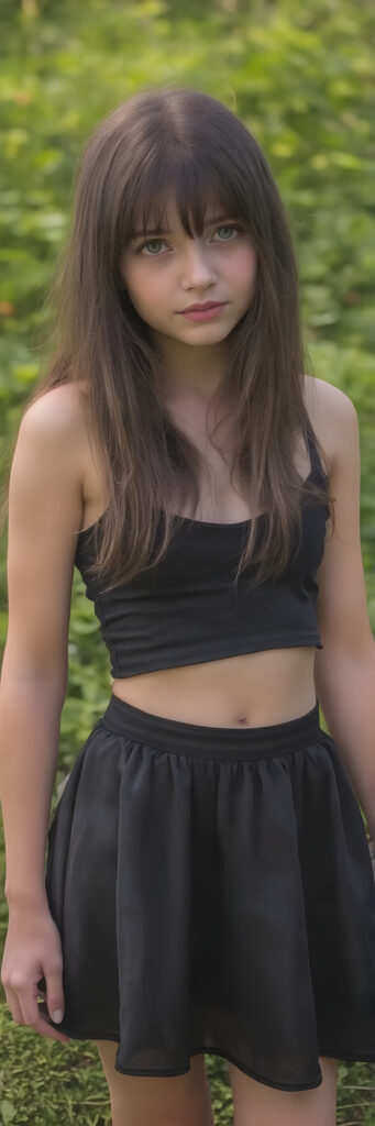 a breathtakingly beautiful, showcasing a young gothic girl, she is short, dark dressed, long straight hair, the girl exudes an air of playful imagination and creativity, perfectly capturing the essence of a dreamlike beauty, ((full body view)) all against a sunny green backdrop in nature