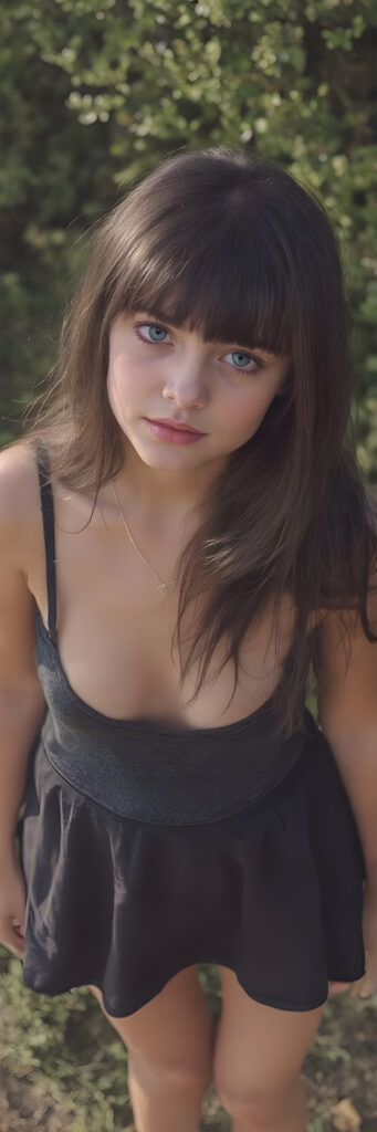 a breathtakingly beautiful, showcasing a young gothic girl, she is short, dark dressed, long straight hair, the girl exudes an air of playful imagination and creativity, perfectly capturing the essence of a dreamlike beauty, ((full body view)) all against a sunny green backdrop in nature