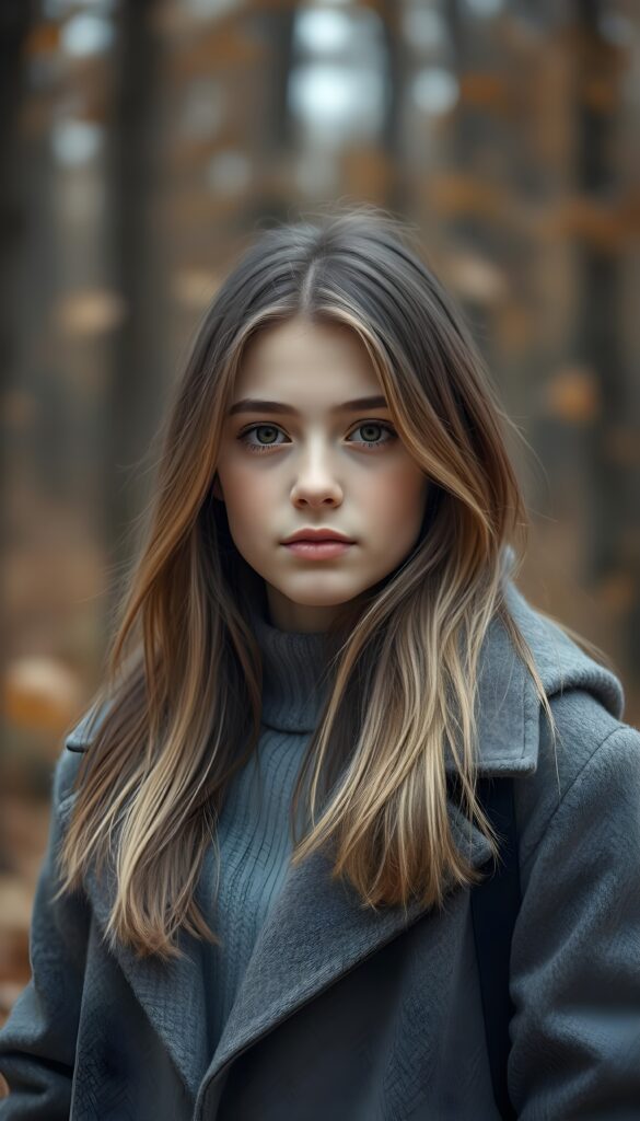 a breathtakingly beautiful natural (((teen girl))) with warm brown eyes and luxuriously thick (((blond and brown soft hair, shoulder-length hair))), full lips, ((wears a grey winter coat and stands in an autumnal forest))