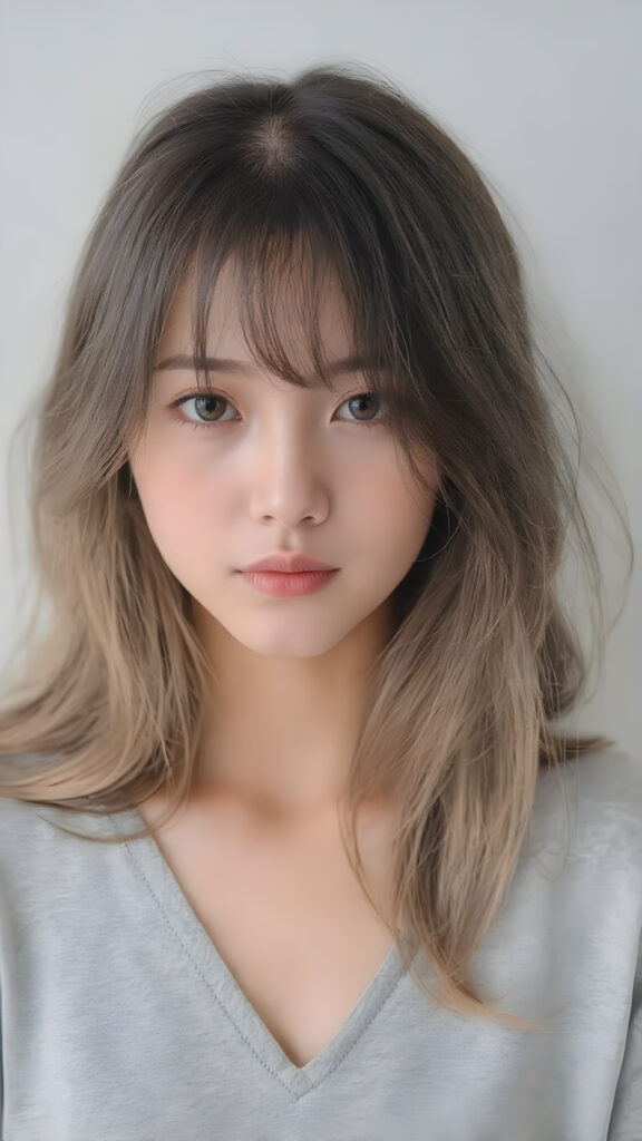 a breathtakingly beautiful (((full body portrait))), showcasing a young Japanese girl with luxuriously long, flowing shiny hair, framing her face as she gazes into the camera, their ethereal tips creating a whimsical pop of color contrast to her overall look. She's dressed in a (((grey t-shirt, deep v-neck))), which add a hint of warmth and glamour to her ensemble, the lady exudes an air of playful imagination and creativity, perfectly capturing the essence of a dreamlike beauty. Full body view.