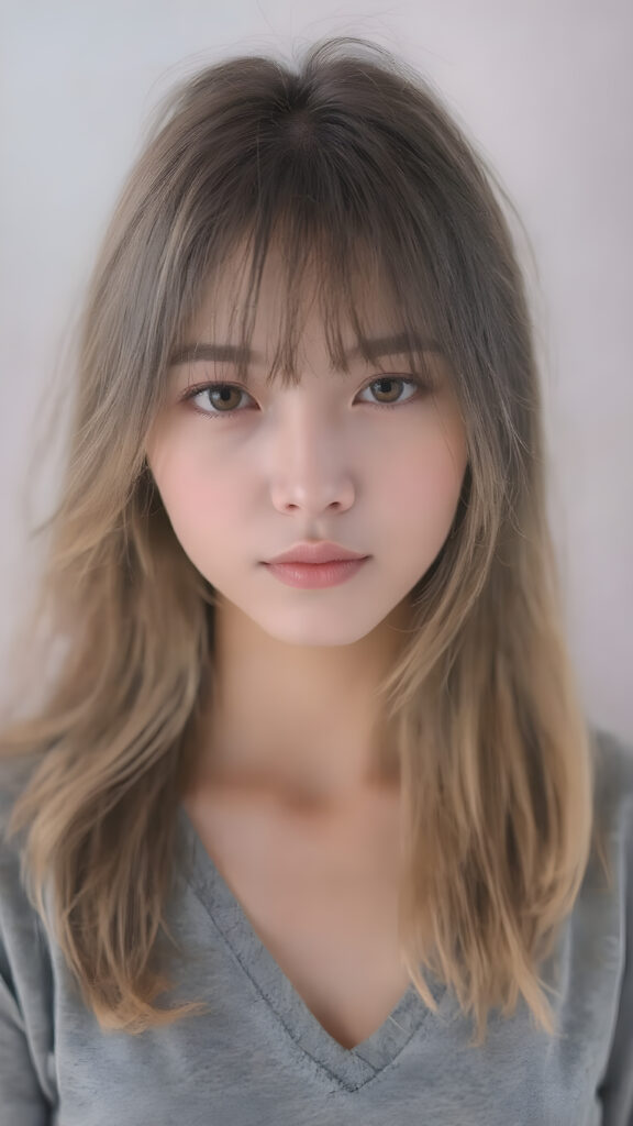 a breathtakingly beautiful (((full body portrait))), showcasing a young Japanese girl with luxuriously long, flowing shiny hair, framing her face as she gazes into the camera, their ethereal tips creating a whimsical pop of color contrast to her overall look. She's dressed in a (((grey t-shirt, deep v-neck))), which add a hint of warmth and glamour to her ensemble, the lady exudes an air of playful imagination and creativity, perfectly capturing the essence of a dreamlike beauty. Full body view.