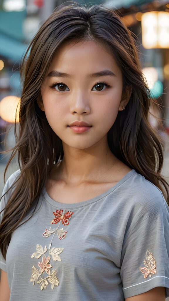 a breathtakingly realistic portrayal of a (((Asian teenage girl))) with intricate details and exquisite features. Her (((straight soft hair))) is luxuriously detailed, reflecting soft, (dimmed light) around her (13-year-old face) with its (perfectly rounded contours) and (detailed, brown eyes) that sparkle with warmth. She wears a super short, tight (grey t-shirt) that showcases her (flawlessly proportioned upper body), capturing the essence of youthful beauty and realism