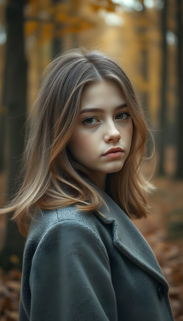 a breathtakingly beautiful natural (((teen girl))) with warm brown eyes and luxuriously thick (((blond and brown soft hair, shoulder-length hair))), full lips, ((wears a grey winter coat and stands in an autumnal forest))