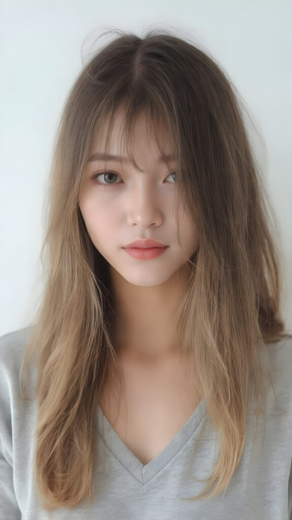 a breathtakingly beautiful (((full body portrait))), showcasing a young Japanese girl with luxuriously long, flowing shiny hair, framing her face as she gazes into the camera, their ethereal tips creating a whimsical pop of color contrast to her overall look. She's dressed in a (((grey t-shirt, deep v-neck))), which add a hint of warmth and glamour to her ensemble, the lady exudes an air of playful imagination and creativity, perfectly capturing the essence of a dreamlike beauty. Full body view.