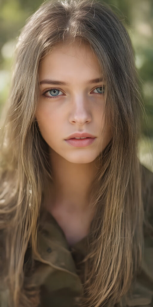 a breathtakingly beautiful (((portrait))), showcasing a young army girl in camouflage, long straight hair, exudes an air of playful imagination and creativity, perfectly capturing the essence of a dreamlike beauty. Full body view all against a sunny green backdrop in nature