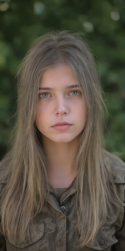 a breathtakingly beautiful (((portrait))), showcasing a young army girl in camouflage, long straight hair, exudes an air of playful imagination and creativity, perfectly capturing the essence of a dreamlike beauty. Full body view all against a sunny green backdrop in nature