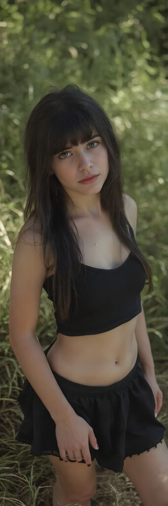 a breathtakingly beautiful, showcasing a young gothic girl, she is short, dark dressed, long straight hair, the girl exudes an air of playful imagination and creativity, perfectly capturing the essence of a dreamlike beauty, ((full body view)) all against a sunny green backdrop in nature