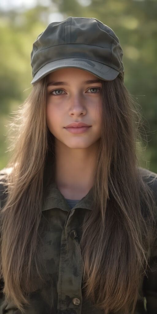 a breathtakingly beautiful (((portrait))), showcasing a young army girl in camouflage, long straight hair, exudes an air of playful imagination and creativity, perfectly capturing the essence of a dreamlike beauty. Full body view all against a sunny green backdrop in nature