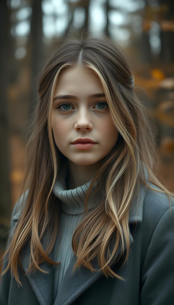 a breathtakingly beautiful natural (((teen girl))) with warm brown eyes and luxuriously thick (((blond and brown soft hair, shoulder-length hair))), full lips, ((wears a grey winter coat and stands in an autumnal forest))