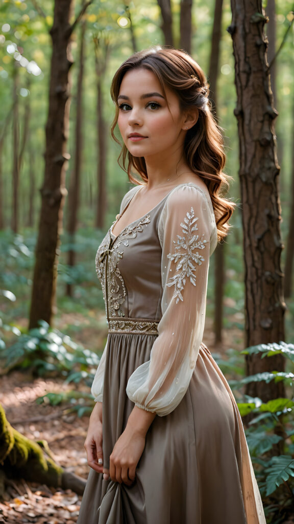 a busted girl posed in enchanted forest, thin elegant dressed, brown hair, detailed, perfect curved body, upper body, side view