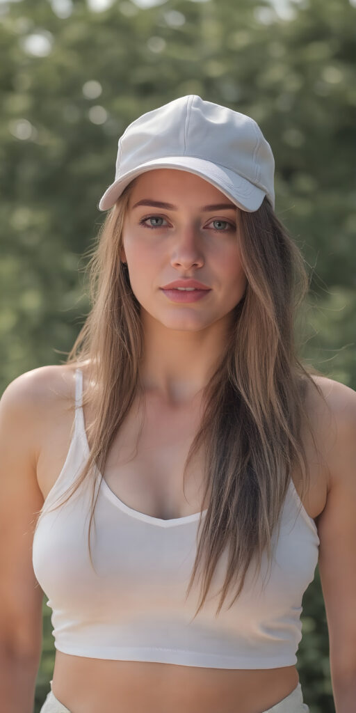 a busty babe wearing a golf cap, full body shot, straight soft summer blond hair, short cropped white tank top, deep v-neck, fit body, white round mini skirt, detailed and realistic, sunny green background