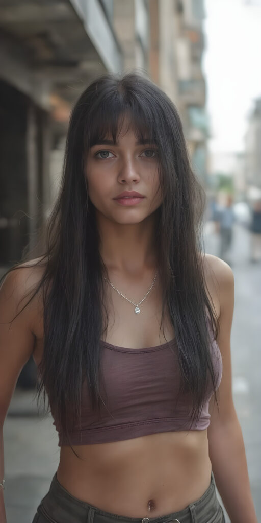a busty very young girl, full body shot, straight soft black jet hair, short cropped sport tank top in camouflage colors, deep v-neck, short sport leggins pants, fit sleek perfect curved body, full kissable pink lips, detailed and realistic, in the street of a city, silver fine necklace, belly button