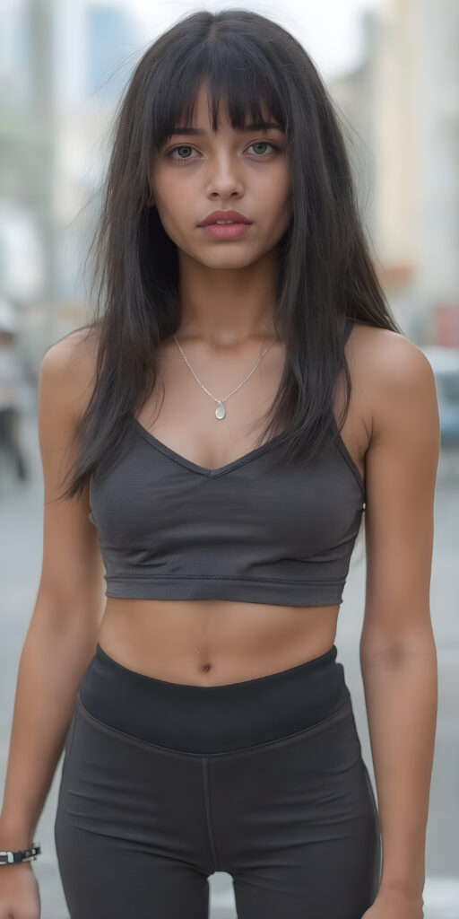 a busty very young girl, full body shot, straight soft black jet hair, short cropped sport tank top in camouflage colors, deep v-neck, short sport leggins pants, fit sleek perfect curved body, full kissable pink lips, detailed and realistic, in the street of a city, silver fine necklace, belly button