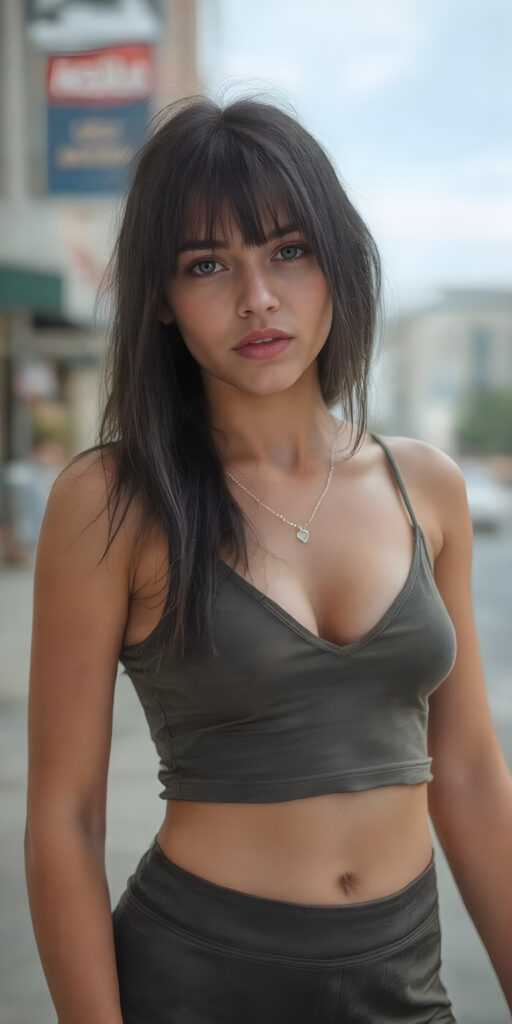 a busty very young girl, full body shot, straight soft black jet hair, short cropped sport tank top in camouflage colors, deep v-neck, short sport leggins pants, fit sleek perfect curved body, full kissable pink lips, detailed and realistic, in the street of a city, silver fine necklace, belly button