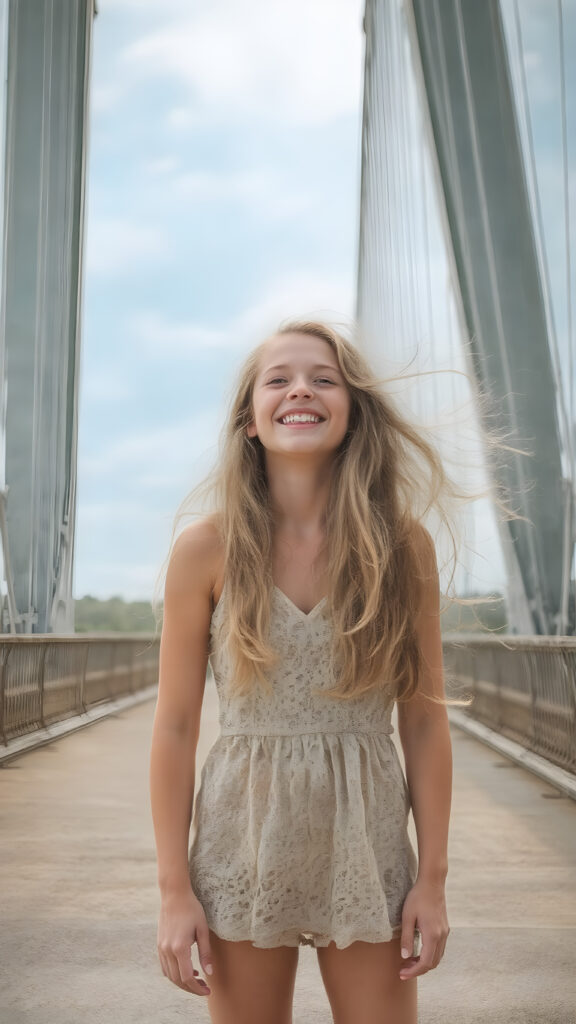 a carefree, overjoyed girl with long, wavy hair stands on a large bridge. She is dressed for summer