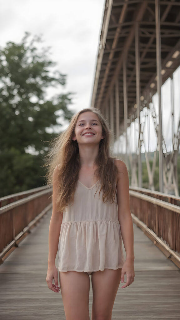 a carefree, overjoyed girl with long, wavy hair stands on a large bridge. She is dressed for summer
