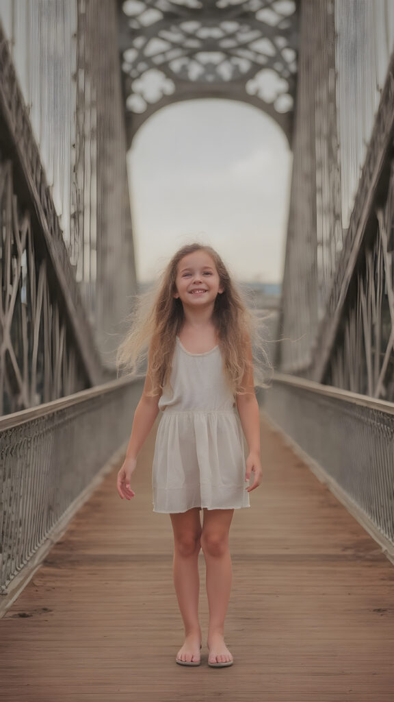 a carefree, overjoyed girl with long, wavy hair stands on a large bridge. She is dressed for summer