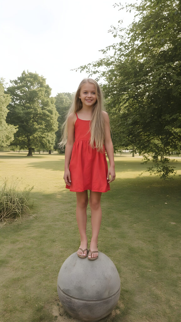 a carefree, overjoyed girl with long, straight blond hair stands on a stone ball on a sunny day in a beautiful park. She is dressed in red for summer