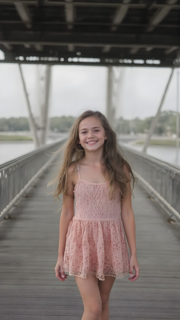 a carefree, overjoyed girl with long, wavy hair stands on a large bridge. She is dressed for summer