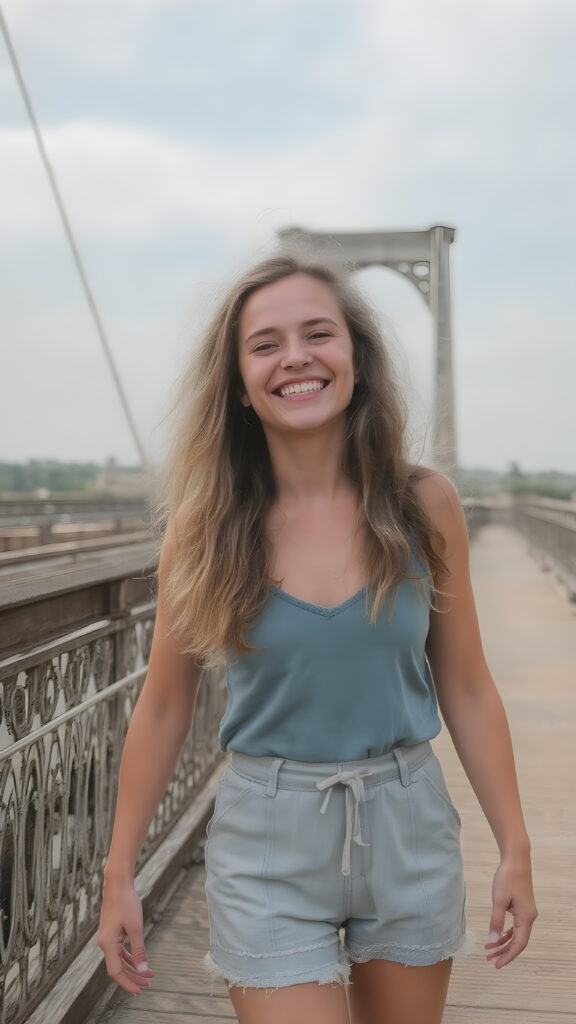 a carefree, overjoyed girl with long, wavy hair stands on a large bridge. She is dressed for summer