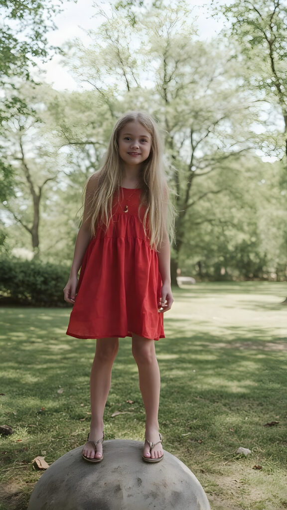 a carefree, overjoyed girl with long, straight blond hair stands on a stone ball on a sunny day in a beautiful park. She is dressed in red for summer