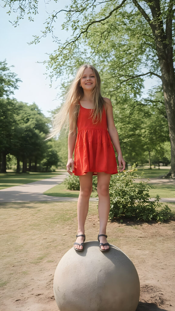 a carefree, overjoyed girl with long, straight blond hair stands on a stone ball on a sunny day in a beautiful park. She is dressed in red for summer