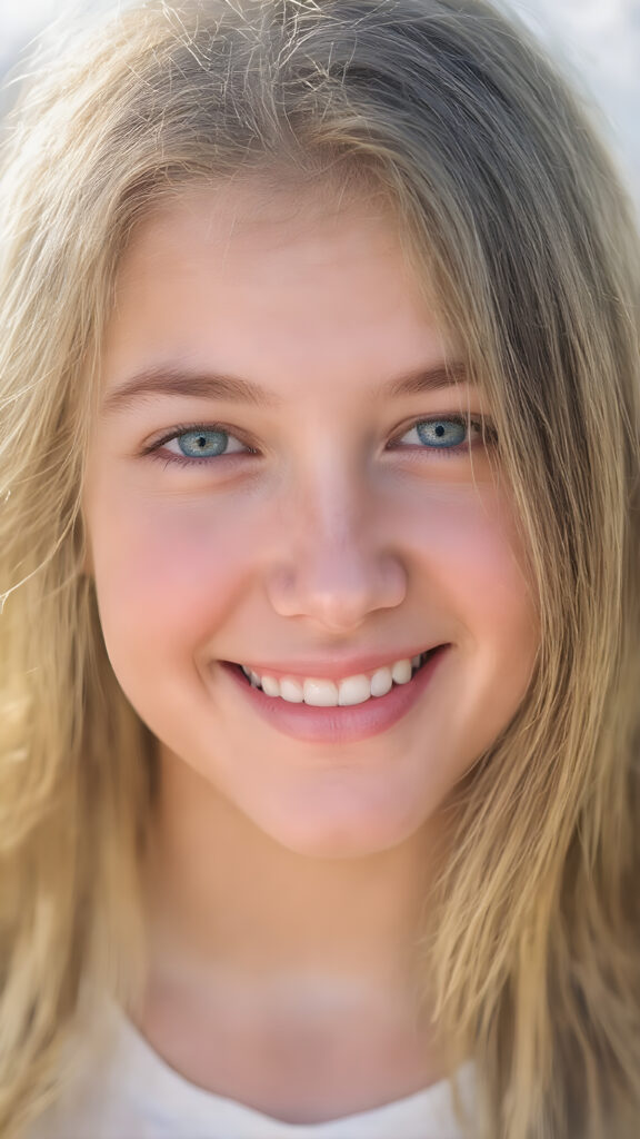 ((a centered portrait)) an adult teen girl, long hair, round green eyes, gentle sunshine falls on her flawless face, smile very happy, white teeth, her entire, round head can be seen