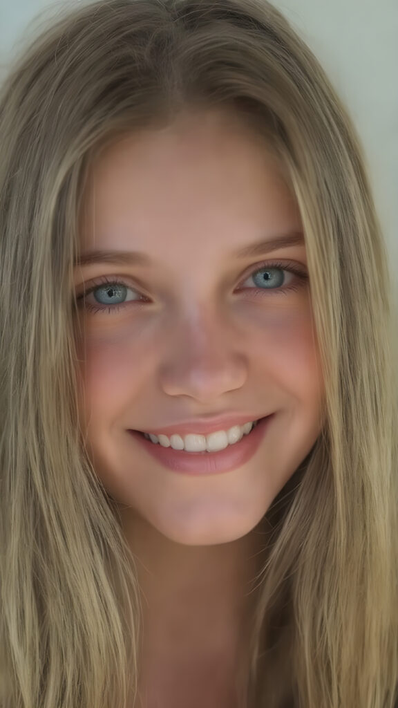((a centered portrait)) an adult teen girl, long hair, round green eyes, gentle sunshine falls on her flawless face, smile very happy, white teeth, her entire, round head can be seen