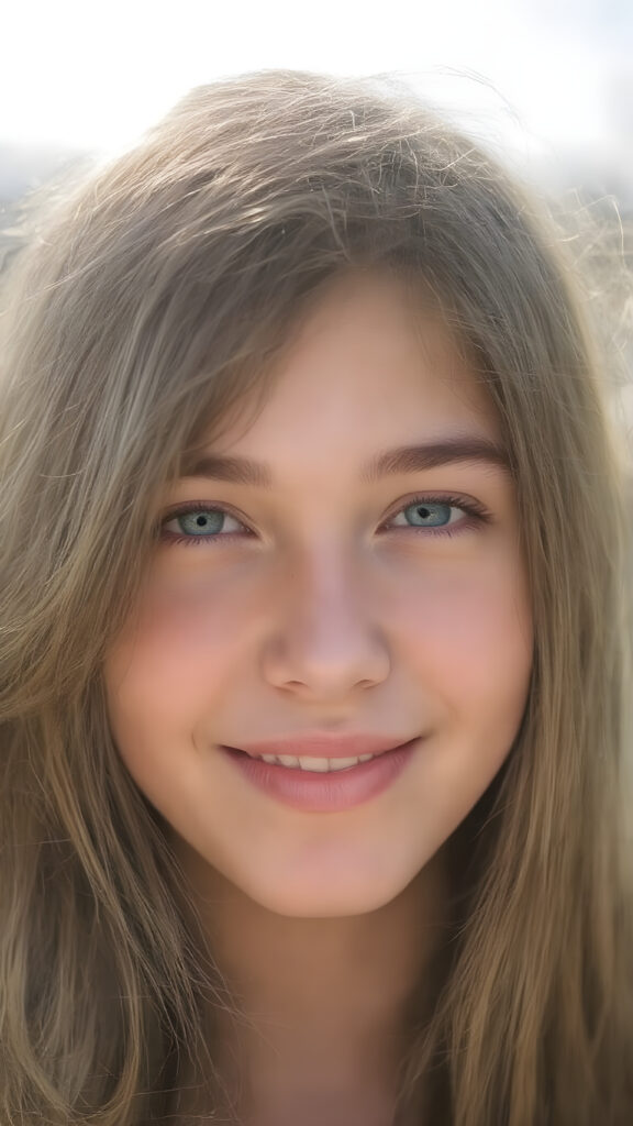 ((a centered portrait)) an adult teen girl, long hair, round green eyes, gentle sunshine falls on her flawless face, smile very happy, white teeth, her entire, round head can be seen