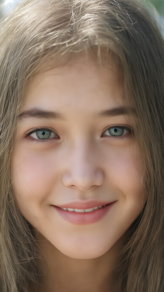 ((a centered portrait)) an adult Asian teen girl, long hair, round green eyes, gentle sunshine falls on her flawless face, smile very happy, white teeth, her entire, round head can be seen