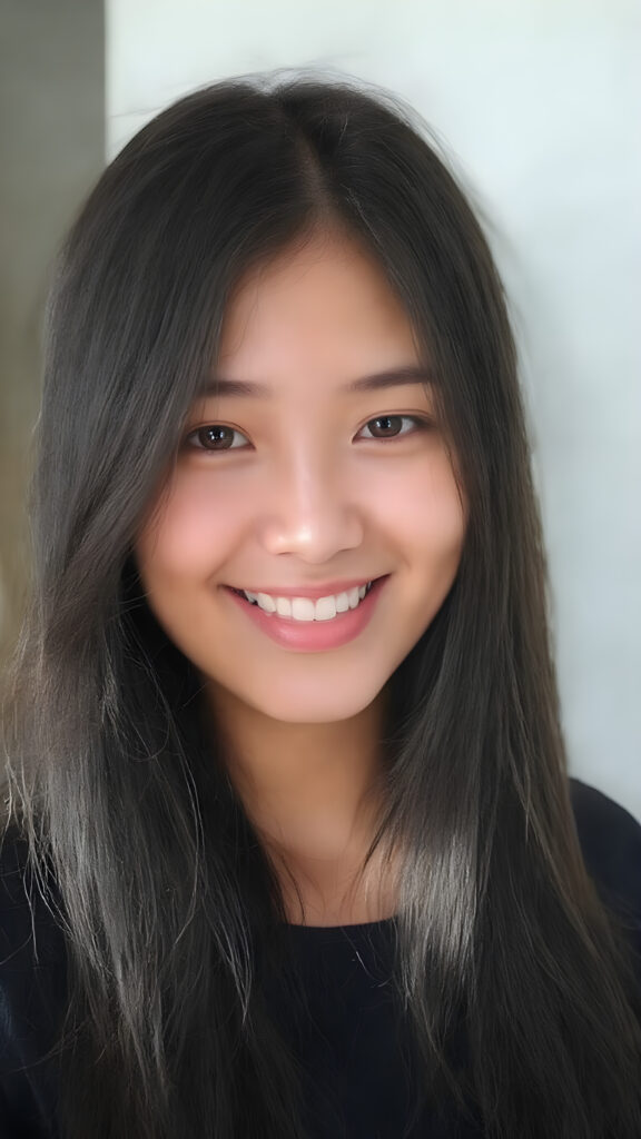 ((a centered portrait)) an adult Asian teen girl, long black hair, round green eyes, gentle sunshine falls on her flawless face, smile very happy, white teeth, her entire, round head can be seen