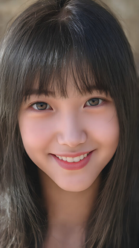 ((a centered portrait)) an adult Japanese teen girl, long straight black hair and bangs, amber eyes, gentle sunshine falls on her flawless face, smile very happy, white teeth, her entire, round head can be seen