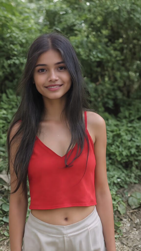 a charming (((8K UHD scene))) at a picturesque green park, where a (((young girl with long, flowing black hair))), featuring dark brown eyes and light brown skin. She's got a warm smile and is dressed in a (((cropped cool, retro red summer tank top, deep v-neck))), she shows off her perfect sweet belly button, pairing it with sleek and comfortable ((short pants)), her attire is complete with classic, round glasses that add to her fashionable look. The scene unfolds against a backdrop of lush greenery that gives off a cozy, warm vibe. This UHD image perfectly captures the essence of summer, leaving the viewer feeling that the park is alive with the spirit of warm weather and friendly encounters.