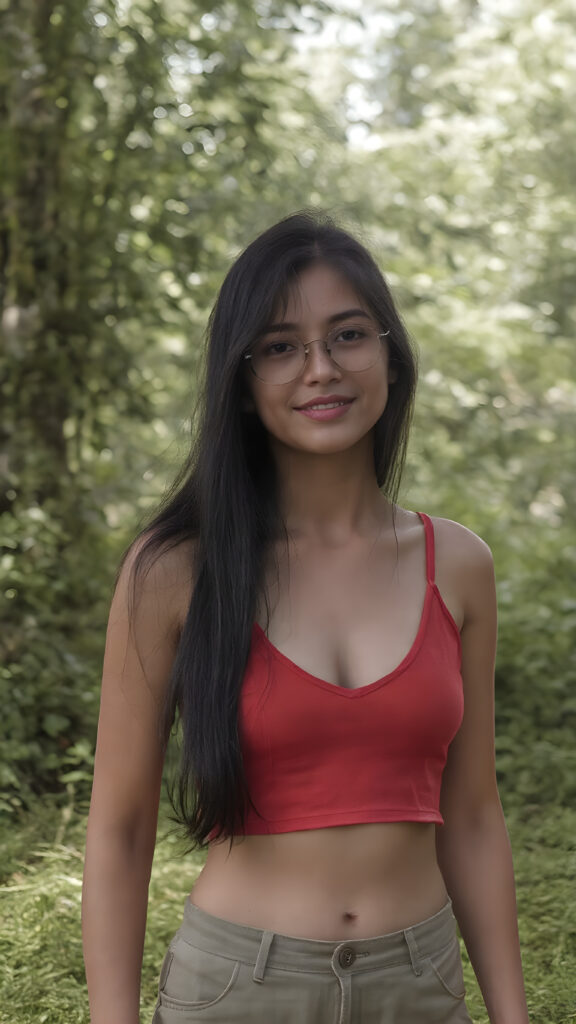 a charming (((8K UHD scene))) at a picturesque green park, where a (((young girl with long, flowing black hair))), featuring dark brown eyes and light brown skin. She's got a warm smile and is dressed in a (((cropped cool, retro red summer tank top, deep v-neck))), she shows off her perfect sweet belly button, pairing it with sleek and comfortable ((short pants)), her attire is complete with classic, round glasses that add to her fashionable look. The scene unfolds against a backdrop of lush greenery that gives off a cozy, warm vibe. This UHD image perfectly captures the essence of summer, leaving the viewer feeling that the park is alive with the spirit of warm weather and friendly encounters.