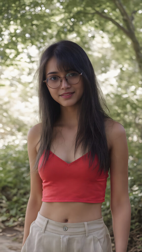 a charming (((8K UHD scene))) at a picturesque green park, where a (((young girl with long, flowing black hair))), featuring dark brown eyes and light brown skin. She's got a warm smile and is dressed in a (((cropped cool, retro red summer tank top, deep v-neck))), she shows off her perfect sweet belly button, pairing it with sleek and comfortable ((short pants)), her attire is complete with classic, round glasses that add to her fashionable look. The scene unfolds against a backdrop of lush greenery that gives off a cozy, warm vibe. This UHD image perfectly captures the essence of summer, leaving the viewer feeling that the park is alive with the spirit of warm weather and friendly encounters.