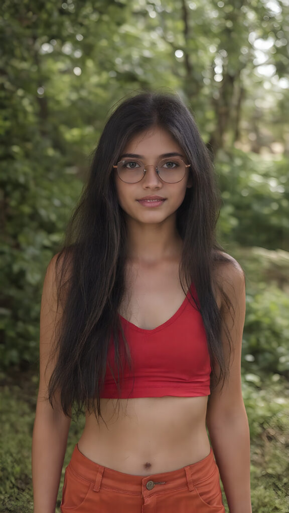 a charming (((8K UHD scene))) at a picturesque green park, where a (((young girl with long, flowing black hair))), featuring dark brown eyes and light brown skin. She's got a warm smile and is dressed in a (((cropped cool, retro red summer tank top, deep v-neck))), she shows off her perfect sweet belly button, pairing it with sleek and comfortable ((short pants)), her attire is complete with classic, round glasses that add to her fashionable look. The scene unfolds against a backdrop of lush greenery that gives off a cozy, warm vibe. This UHD image perfectly captures the essence of summer, leaving the viewer feeling that the park is alive with the spirit of warm weather and friendly encounters.