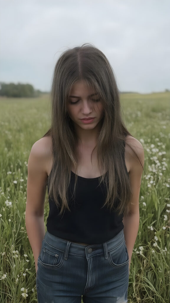 a (((crying adult girl))) with tearful expressions and (((long, straight hair))), dressed in a sleek ((black tank top)) and ((tattered denim jeans pants)), offset by a (((sunny green meadow), full body image