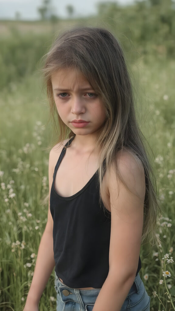 a (((crying adult girl))) with tearful expressions and (((long, straight hair))), dressed in a sleek ((black tank top)) and ((tattered denim jeans pants)), offset by a (((sunny green meadow), full body image