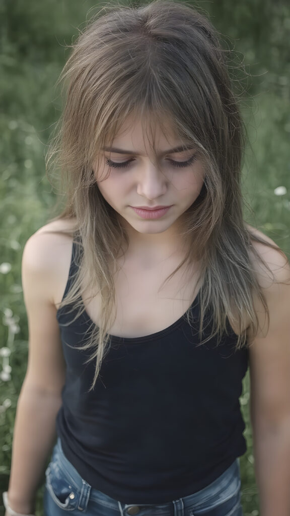 a (((crying adult girl))) with tearful expressions and (((long, straight hair))), dressed in a sleek ((black tank top)) and ((tattered denim jeans pants)), offset by a (((sunny green meadow), full body image