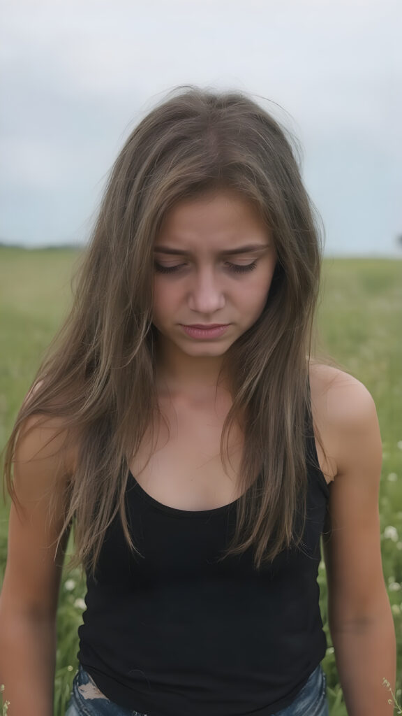 a (((crying adult girl))) with tearful expressions and (((long, straight hair))), dressed in a sleek ((black tank top)) and ((tattered denim jeans pants)), offset by a (((sunny green meadow), full body image