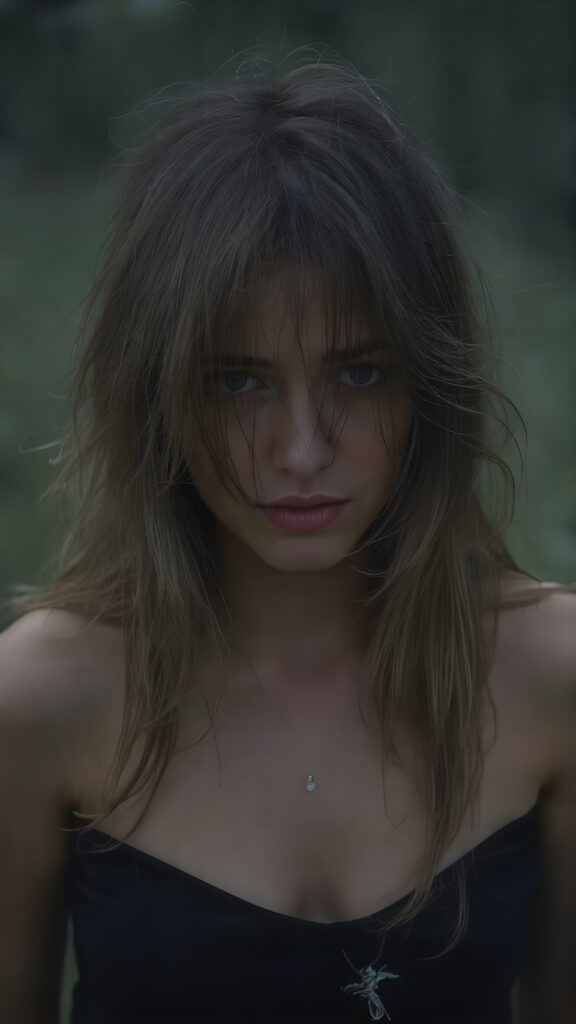 a (((crying girl))) with tearful expressions and (((long, messy hair))), dressed in a sleek ((black top)) and ((torn shorts)), offset by a (((dark, nighttime backdrop), with muted (((blue lights))) as the backdrop for her emotional scene. Her face is portrayed in a side profile, with the focus on her tears and emotional expression full body image