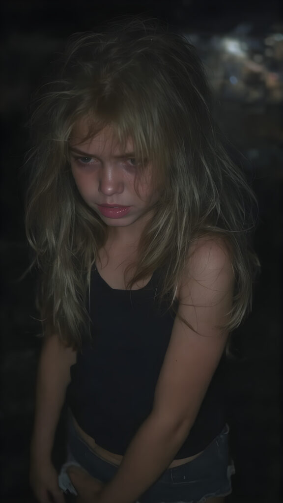 a (((crying girl))) with tearful expressions and (((long, messy hair))), dressed in a sleek ((black top)) and ((torn shorts)), offset by a (((dark, nighttime backdrop), with muted (((blue lights))) as the backdrop for her emotional scene. Her face is portrayed in a side profile, with the focus on her tears and emotional expression full body image