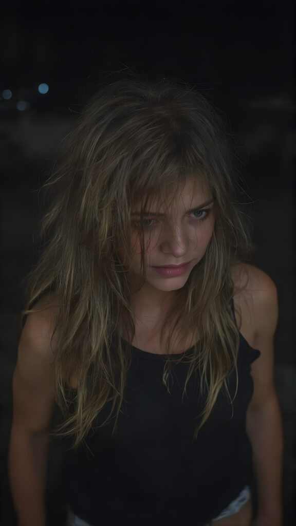 a (((crying girl))) with tearful expressions and (((long, messy hair))), dressed in a sleek ((black top)) and ((torn shorts)), offset by a (((dark, nighttime backdrop), with muted (((blue lights))) as the backdrop for her emotional scene. Her face is portrayed in a side profile, with the focus on her tears and emotional expression full body image
