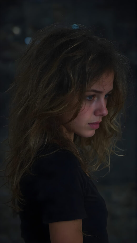 a (((crying girl))) with tearful expressions and (((long, messy hair))), dressed in a sleek ((black top)) and ((torn shorts)), offset by a (((dark, nighttime backdrop), with muted (((blue lights))) as the backdrop for her emotional scene. Her face is portrayed in a side profile, with the focus on her tears and emotional expression full body image