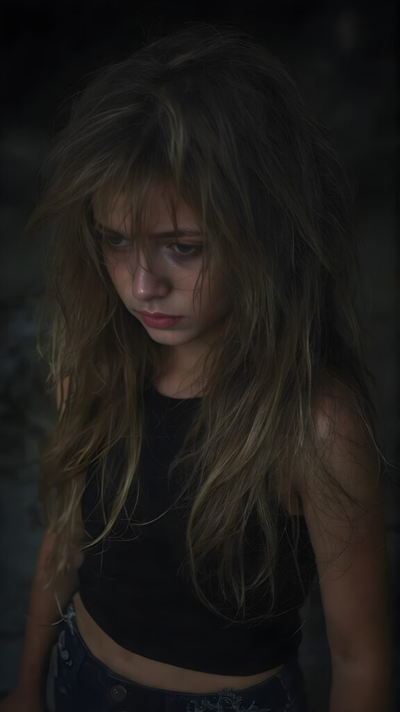 a (((crying girl))) with tearful expressions and (((long, messy hair))), dressed in a sleek ((black top)) and ((torn shorts)), offset by a (((dark, nighttime backdrop), with muted (((blue lights))) as the backdrop for her emotional scene. Her face is portrayed in a side profile, with the focus on her tears and emotional expression full body image