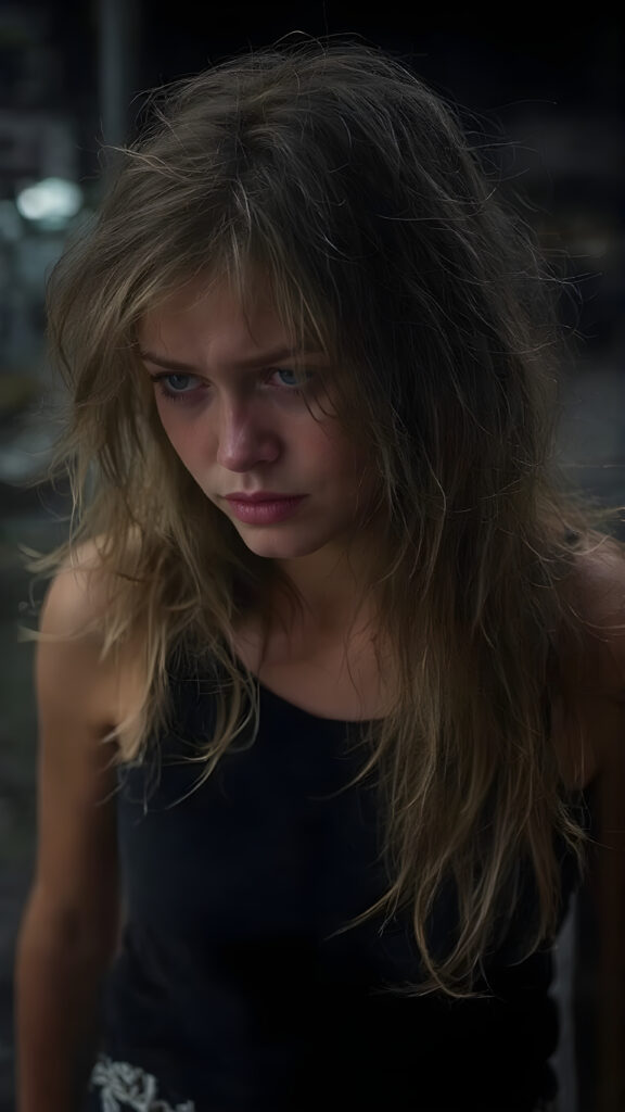 a (((crying girl))) with tearful expressions and (((long, messy hair))), dressed in a sleek ((black top)) and ((torn shorts)), offset by a (((dark, nighttime backdrop), with muted (((blue lights))) as the backdrop for her emotional scene. Her face is portrayed in a side profile, with the focus on her tears and emotional expression full body image