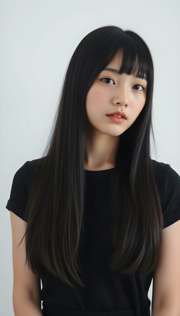a cute Chinese girl, black soft long hair falls down in the same length left and right. Bangs cut frame perfect her round face, flawless skin, stunning, gorgeous. Black dressed in a t-shirt. Perfect symmetrical body. Empty white backdrop.