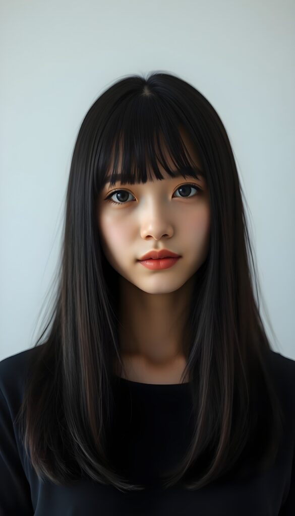 a cute Chinese girl, black soft long hair falls down in the same length left and right. Bangs cut frame perfect her round face, flawless skin, stunning, gorgeous. Black dressed in a t-shirt. Perfect symmetrical body. Empty white backdrop.