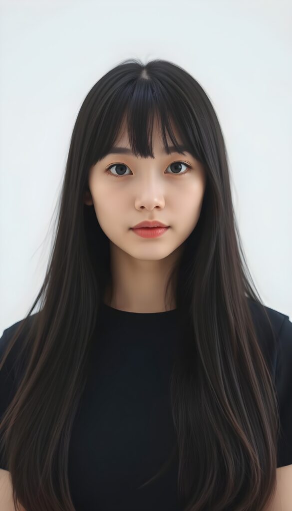 a cute Chinese girl, black soft long hair falls down in the same length left and right. Bangs cut frame perfect her round face, flawless skin, stunning, gorgeous. Black dressed in a t-shirt. Perfect symmetrical body. Empty white backdrop.