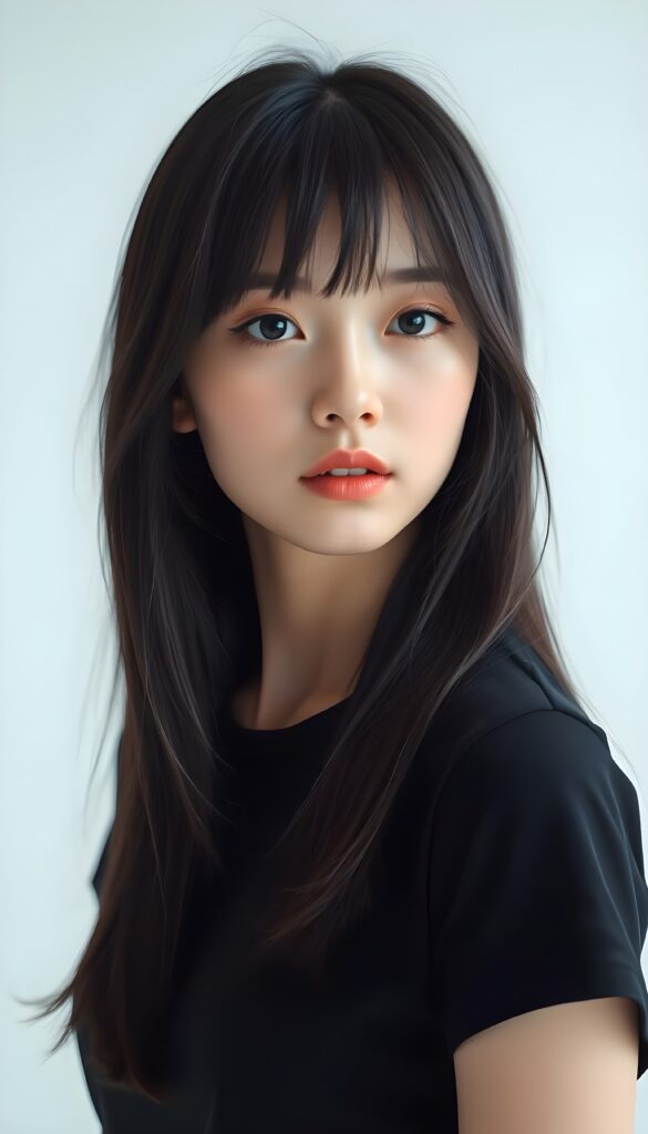 a cute Chinese girl, black soft long hair falls down in the same length left and right. Bangs cut frame perfect her round face, flawless skin, stunning, gorgeous. Black dressed in a t-shirt. Perfect symmetrical body. Empty white backdrop.